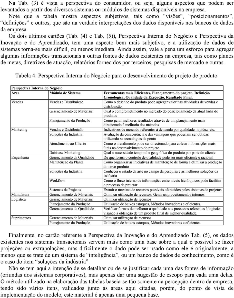 Os dois últimos cartões (Tab. (4) e Tab.