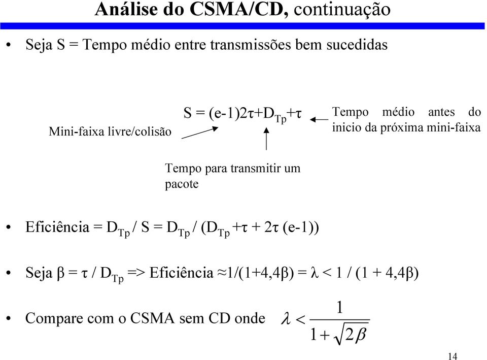 mini-faixa Tempo para transmitir um pacote Eficiência = D Tp / S = D Tp / (D Tp +τ + 2τ