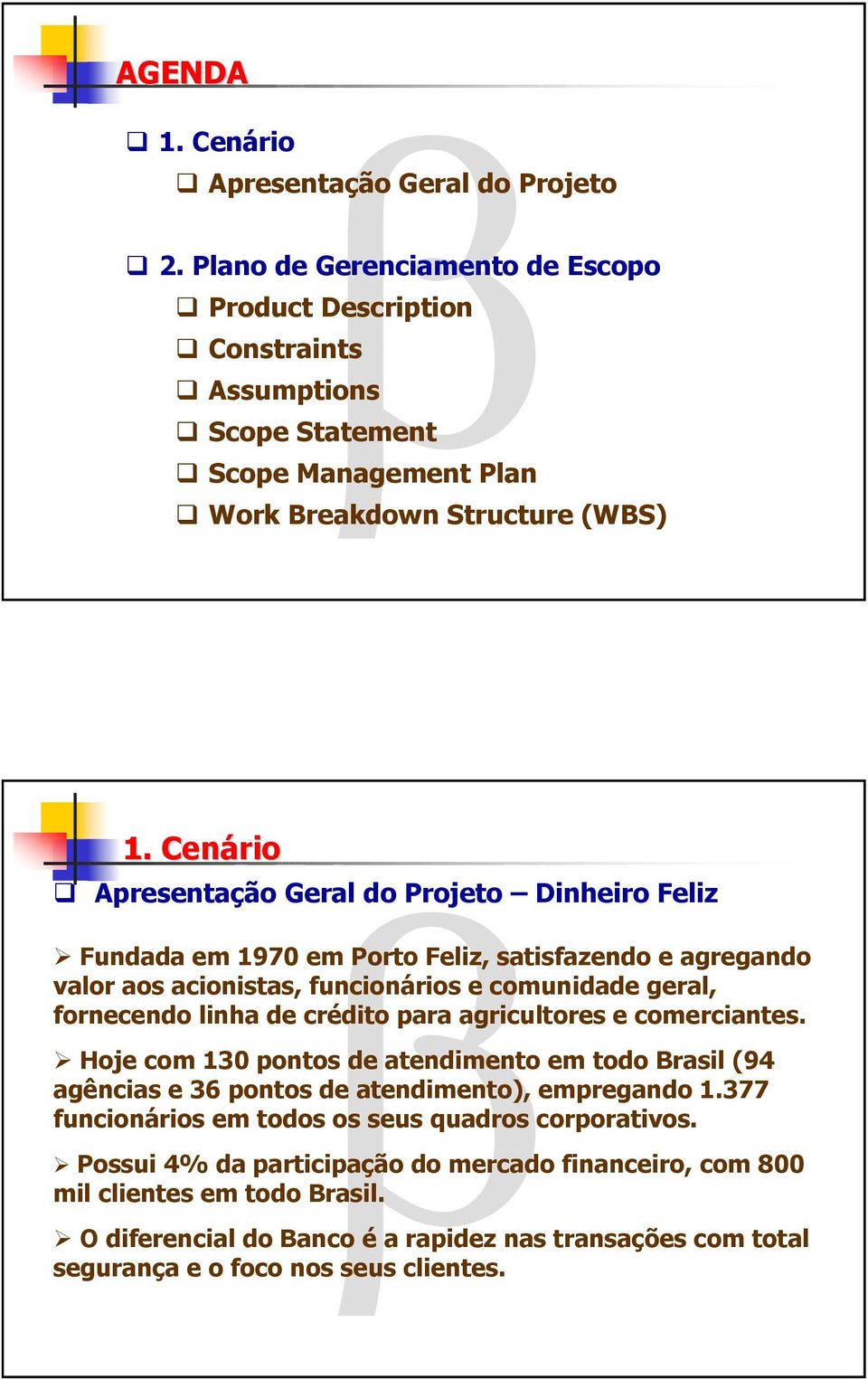 Cenário Apresentação Geral do Projeto Dinheiro Feliz Fundada em 1970 em Porto Feliz, satisfazendo e agregando valor aos acionistas, funcionários e comunidade geral, fornecendo linha de crédito