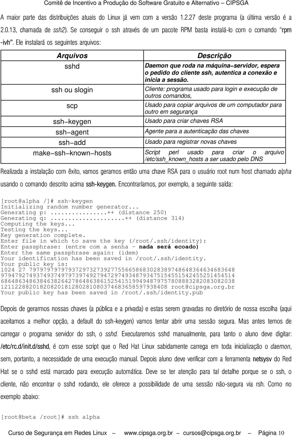 Cliente: programa usado para login e execução de outros comandos, Usado para copiar arquivos de um computador para outro em segurança Usado para criar chaves RSA Agente para a autenticação das chaves