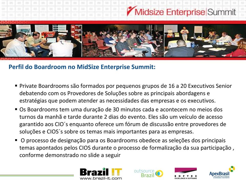 Os Boardrooms tem uma duração de 30 minutos cada e acontecem no meios dos turnos da manhã e tarde durante 2 dias do evento.