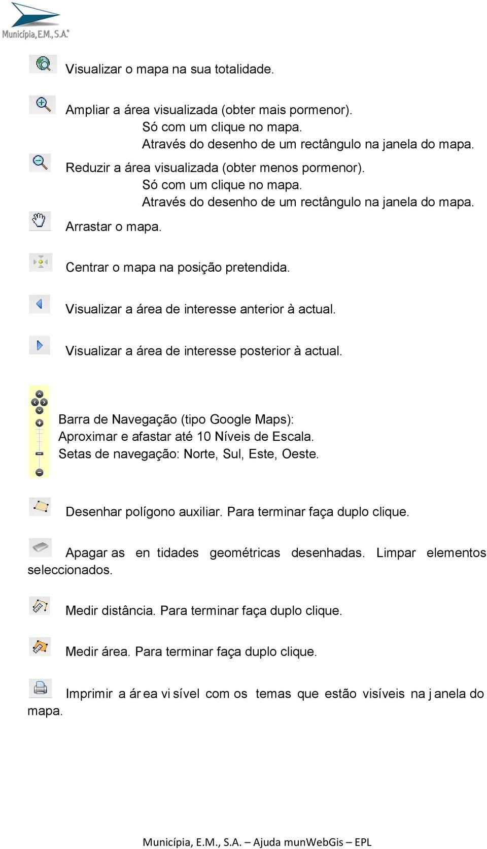 Visualizar a área de interesse anterior à actual. Visualizar a área de interesse posterior à actual. Barra de Navegação (tipo Google Maps): Aproximar e afastar até 10 Níveis de Escala.