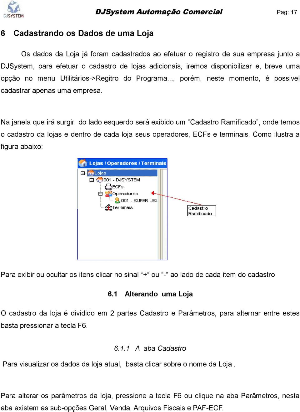 a janela que irá surgir do lado esquerdo será exibido um Cadastro Ramificado, onde temos o cadastro da lojas e dentro de cada loja seus operadores, ECFs e terminais.