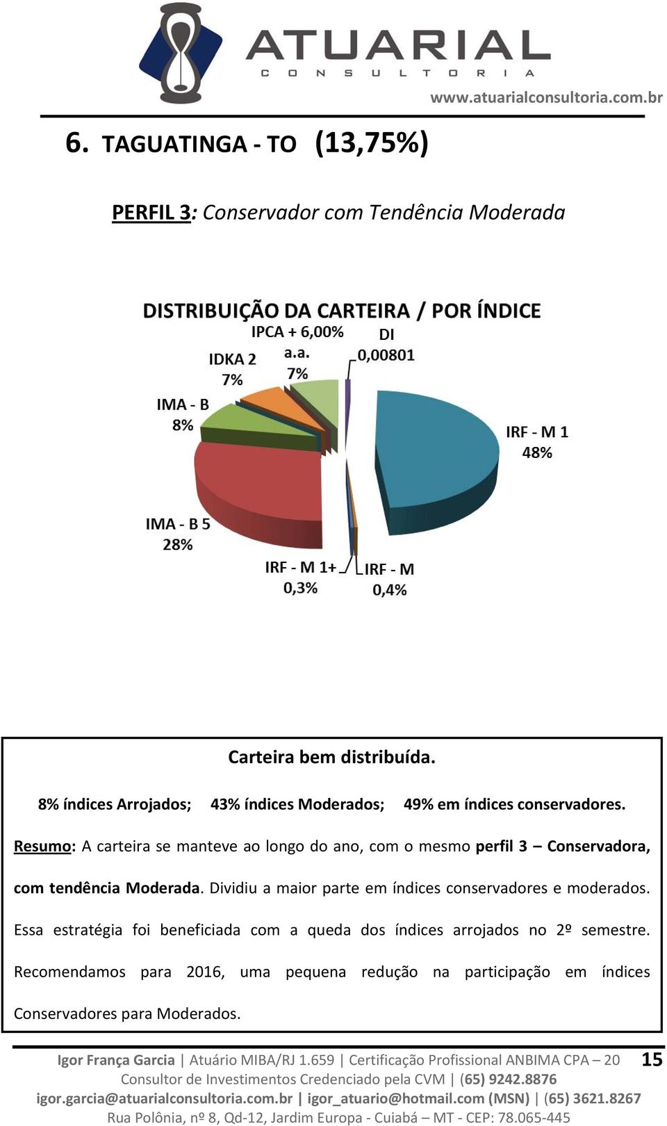 Resumo: A carteira se manteve ao longo do ano, com o mesmo perfil 3 Conservadora, com tendência Moderada.