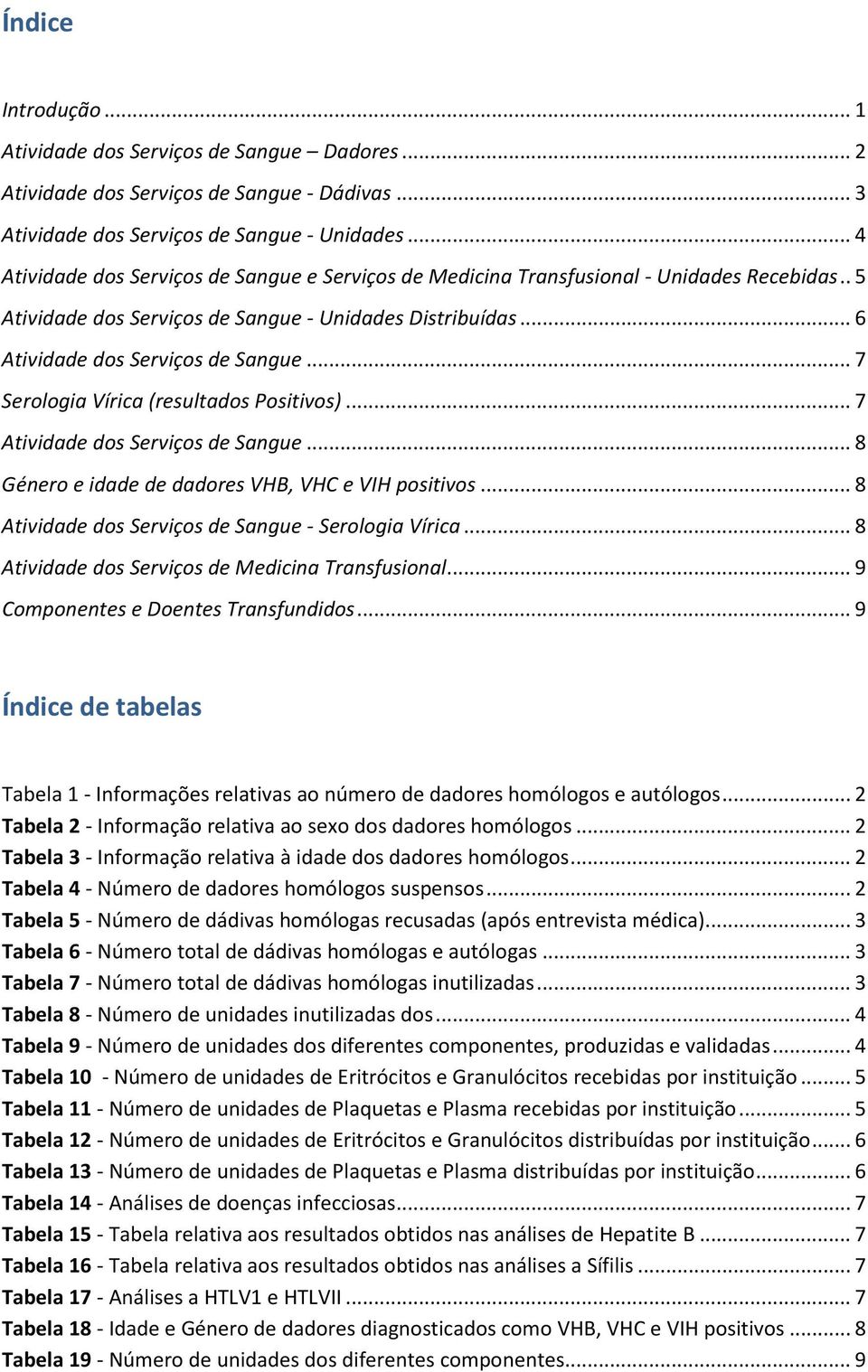 .. 7 Serologia Vírica (resultados Positivos)... 7 Atividade dos Serviços de Sangue... 8 Género e idade de dadores VHB, VHC e VIH positivos... 8 Atividade dos Serviços de Sangue - Serologia Vírica.