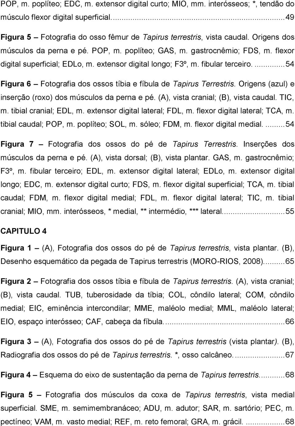 ... 54 Figura 6 Fotografia dos ossos tíbia e fíbula de Tapirus Terrestris. Origens (azul) e inserção (roxo) dos músculos da perna e pé. (A), vista cranial; (B), vista caudal. TIC, m.