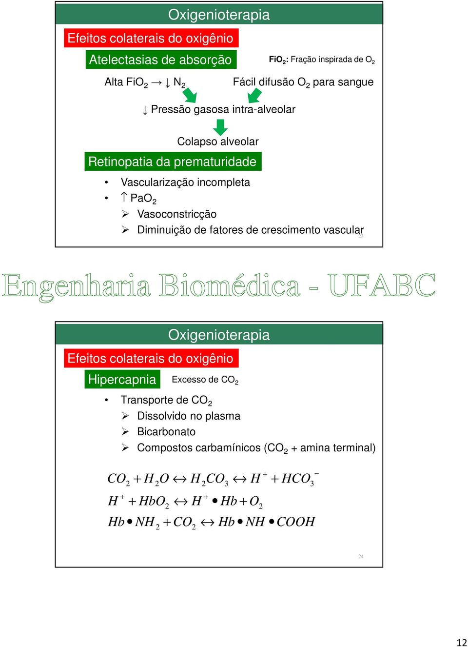 Diminuição de fatores de crescimento vascular 3 Hipercapnia Oxigenioterapia Efeitos colaterais do oxigênio Transporte de CO Dissolvido no