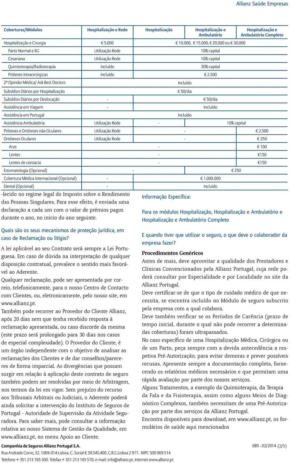 500 2ª Opinião Médica/ Ask Best Doctors Incluído Subsídios Diários por Hospitalização 50/dia Subsídios Diários por Deslocação - 50/dia Assistência em Viagem - Incluído Assistência em Portugal