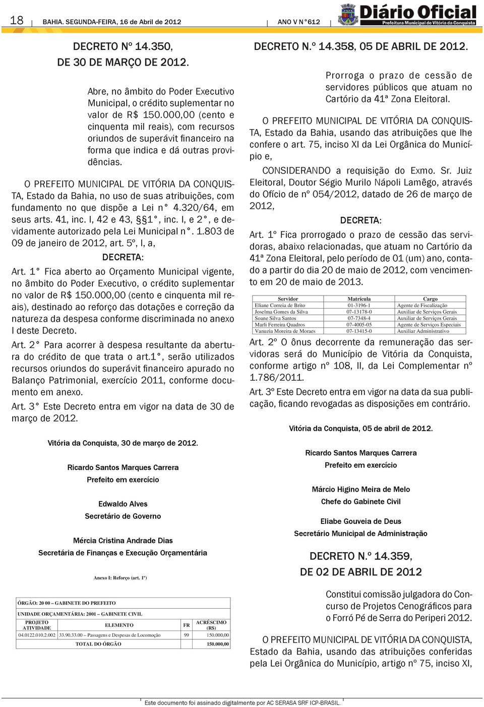 O PREFEITO MUNICIPAL DE VITÓRIA DA CONQUIS- TA, Estado da Bahia, no uso de suas atribuições, com fundamento no que dispõe a Lei n 4.320/64, em seus arts. 41, inc. I, 42 e 43, 1, inc.