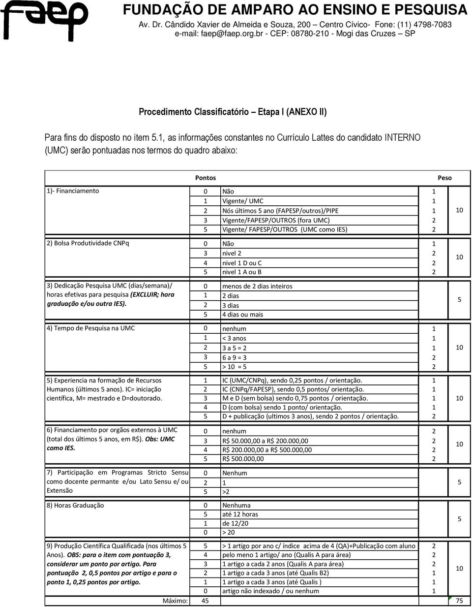 (dias/semana)/ horas efetivas para pesquisa (EXCLUIR; hora graduação e/ou outra IES). 4) Tempo de Pesquisa na UMC 5) Experiencia na formação de Recursos Humanos (últimos 5 anos).