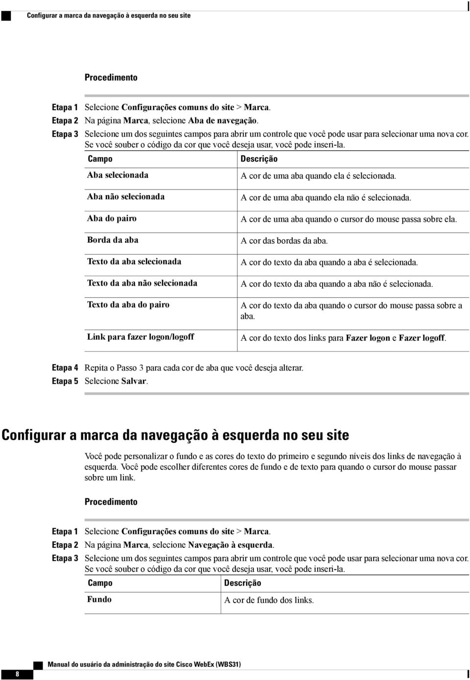 Campo Descrição Aba selecionada Aba não selecionada Aba do pairo Borda da aba Texto da aba selecionada Texto da aba não selecionada Texto da aba do pairo Link para fazer logon/logoff A cor de uma aba