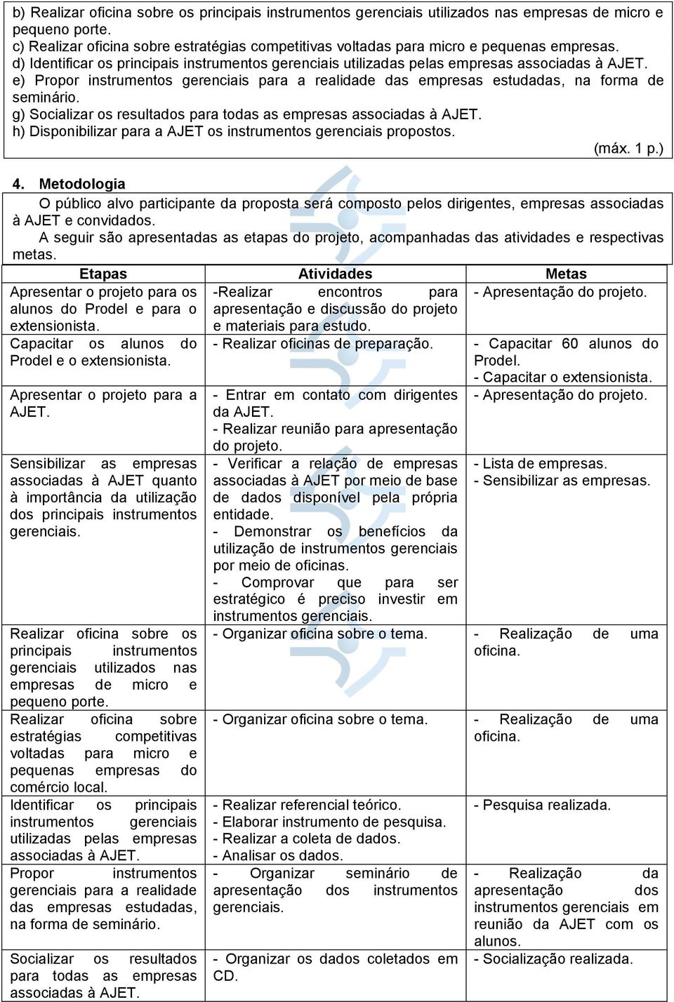 e) Propor instrumentos gerenciais para a realidade das empresas estudadas, na forma de seminário. g) Socializar os resultados para todas as empresas associadas à AJET.