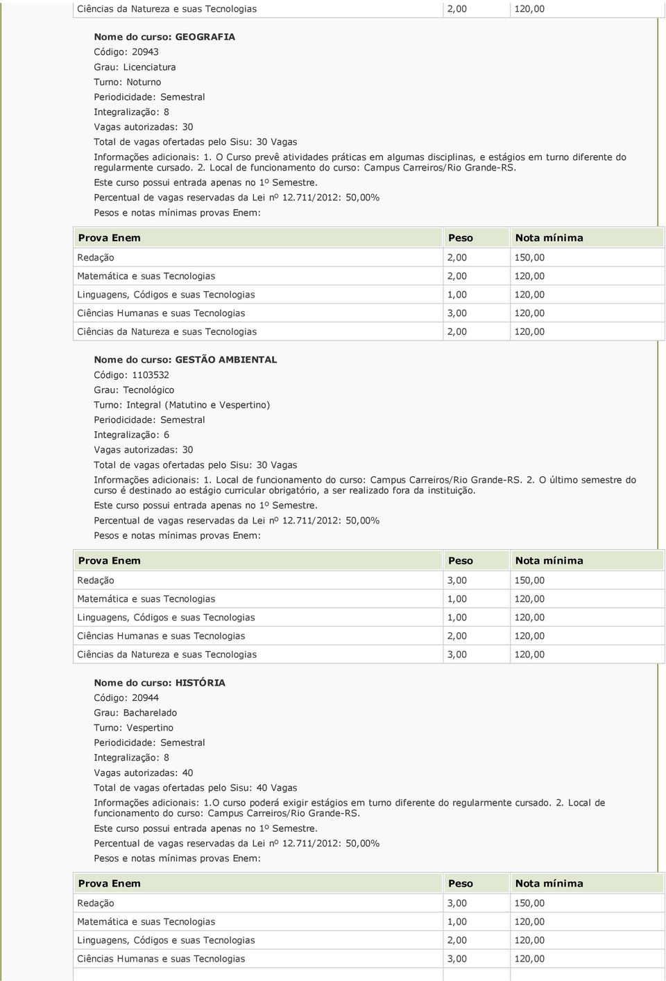 Redação 2,00 150,00 Matemática e suas Tecnologias 2,00 120,00 Ciências Humanas e suas Tecnologias 3,00 120,00 Nome do curso: GESTÃO AMBIENTAL Código: 1103532 Grau: Tecnológico Integralização: 6 Vagas