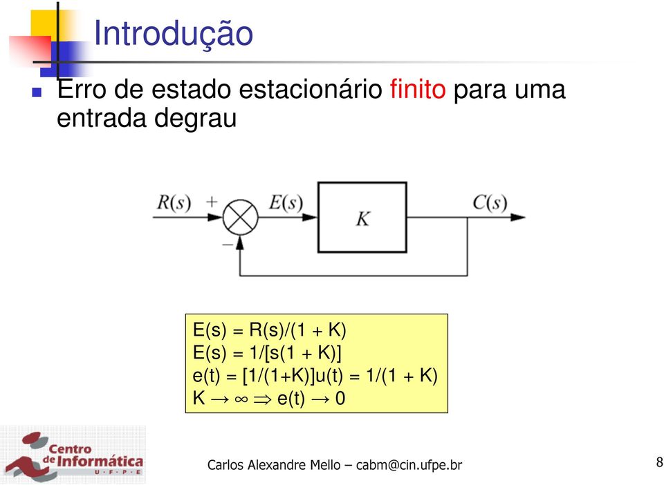 R(s)/(1 + K) E(s) = 1/[s(1 + K)] e(t)