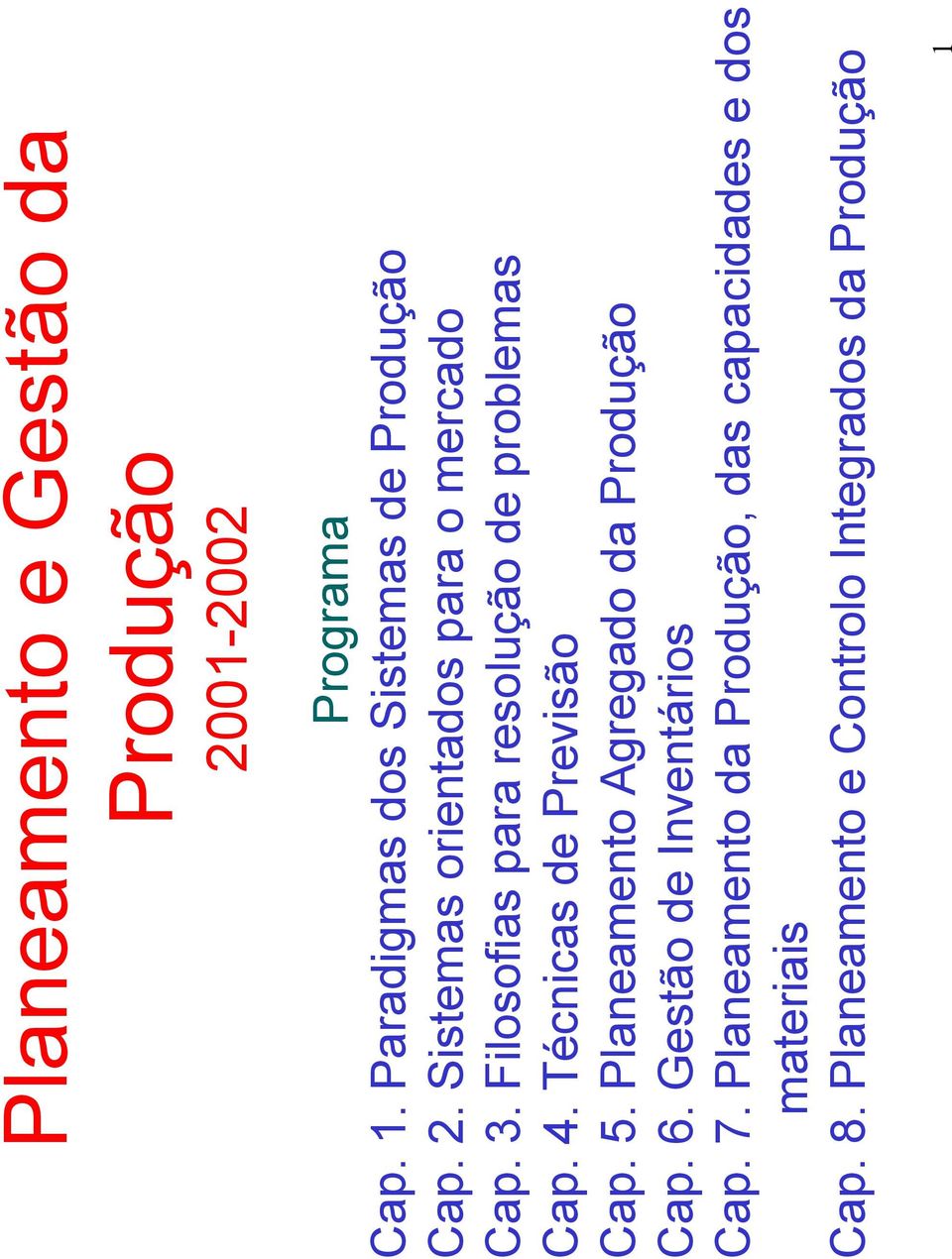 Técnicas de Previsão Cap. 5. Planeamento Agregado da Produção Cap. 6. Gestão de Inventários Cap. 7.