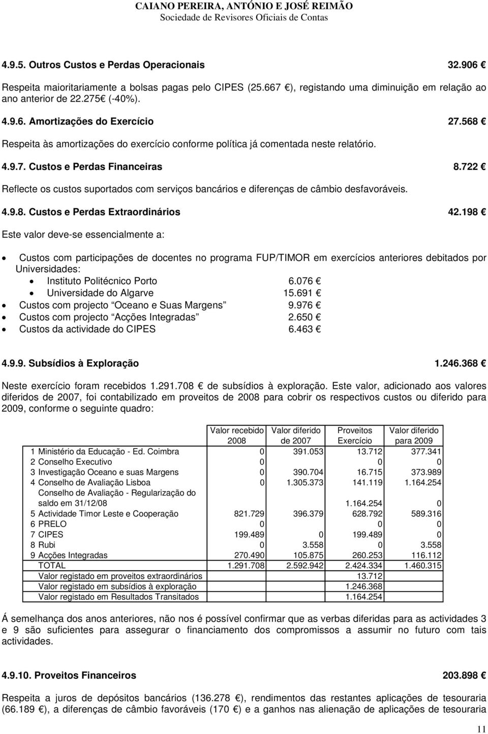 722 Reflecte os custos suportados com serviços bancários e diferenças de câmbio desfavoráveis. 4.9.8. Custos e Perdas Extraordinários 42.