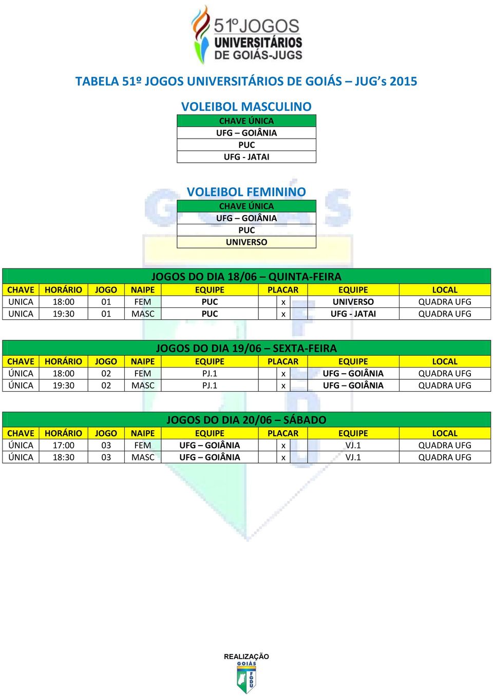 18:00 02 FEM PJ.1 x QUADRA UFG ÚNICA 19:30 02 MASC PJ.