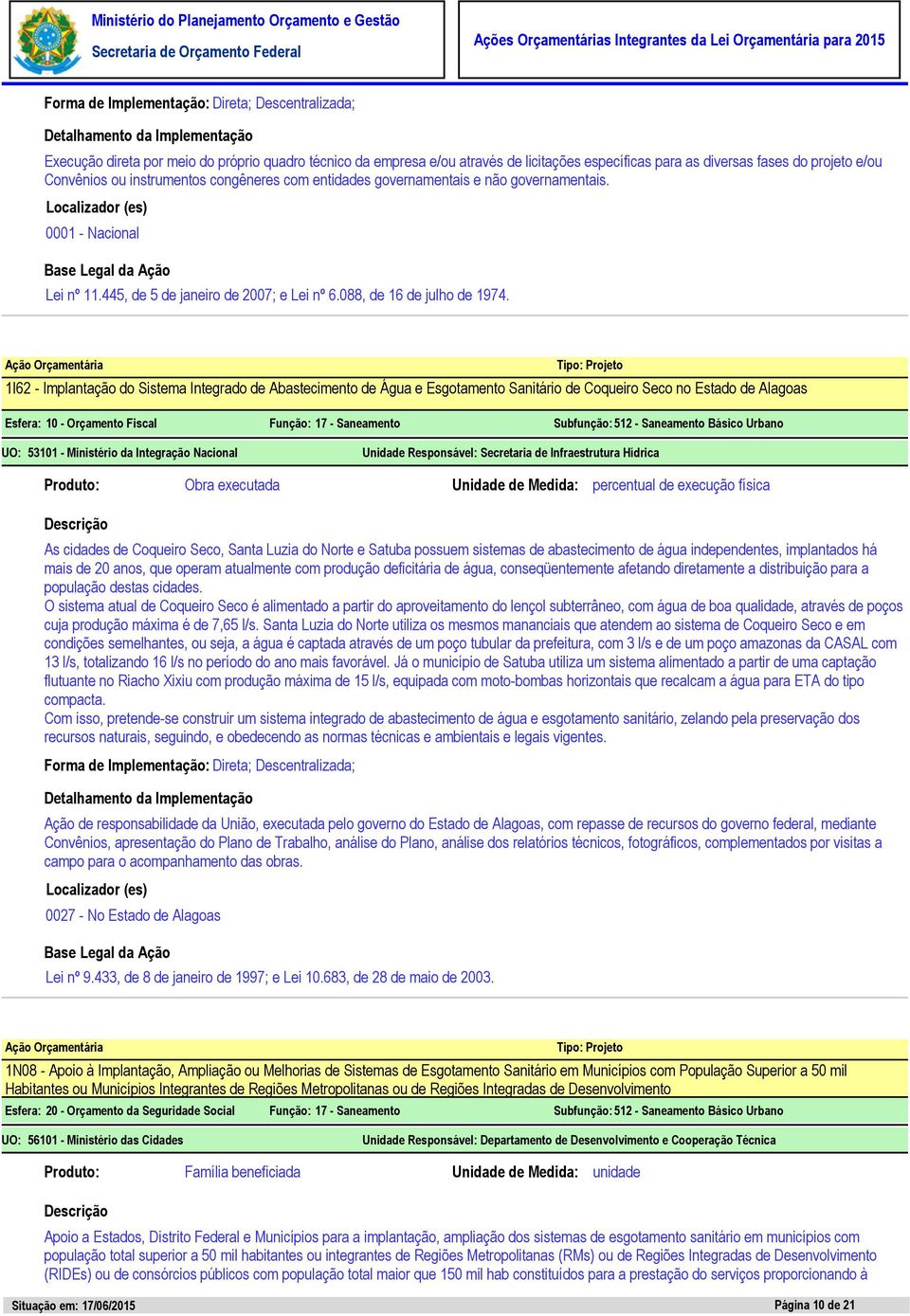 1I62 - Implantação do Sistema Integrado de Abastecimento de Água e Esgotamento Sanitário de Coqueiro Seco no Estado de Alagoas Esfera: 10 - Orçamento Fiscal Função: 17 - Saneamento Subfunção: 512 -