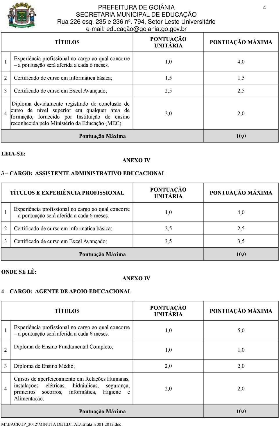 Pontuação Máxima 0,0 CARGO: ASSISTENTE ADMINISTRATIVO EDUCACIONAL E EXPERIÊNCIA PROFISSIONAL,0,0 Certificado de curso em informática básica;,5,5 Certificado de curso em Excel Avançado;,5,5 Pontuação