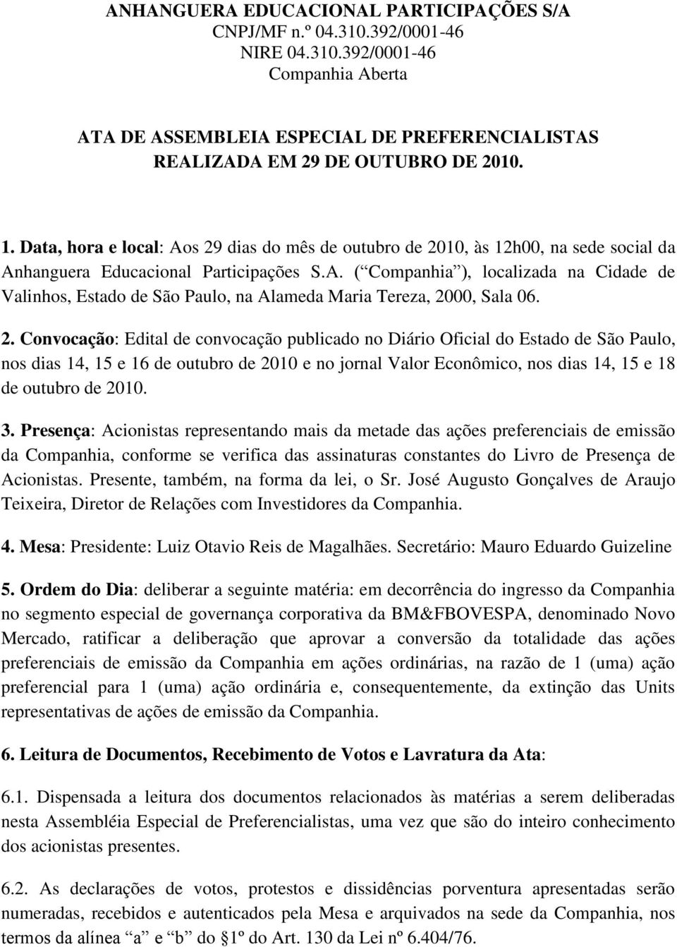 2. Convocação: Edital de convocação publicado no Diário Oficial do Estado de São Paulo, nos dias 14, 15 e 16 de outubro de 2010 e no jornal Valor Econômico, nos dias 14, 15 e 18 de outubro de 2010. 3.