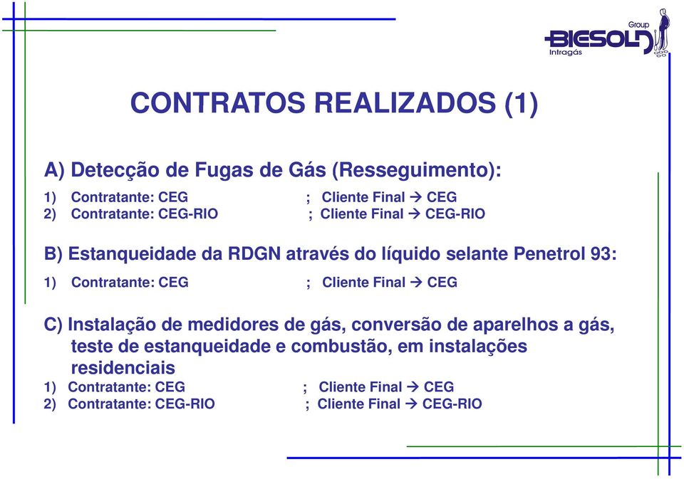 Contratante: CEG ; Cliente Final CEG C) Instalação de medidores de gás, conversão de aparelhos a gás, teste de