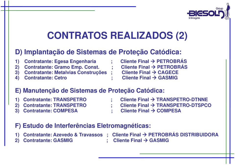 Catódica: 1) Contratante: TRANSPETRO ; Cliente Final TRANSPETRO-DTNNE 2) Contratante: TRANSPETRO ; Cliente Final TRANSPETRO-DTSPCO 3) Contratante: COMPESA ; Cliente Final