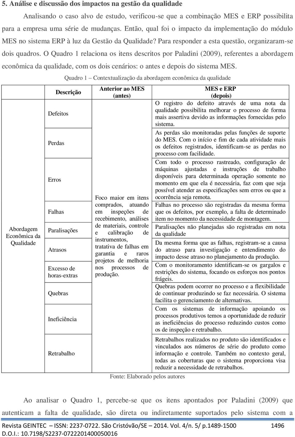 O Quadro 1 relaciona os itens descritos por Paladini (2009), referentes a abordagem econômica da qualidade, com os dois cenários: o antes e depois do sistema MES.