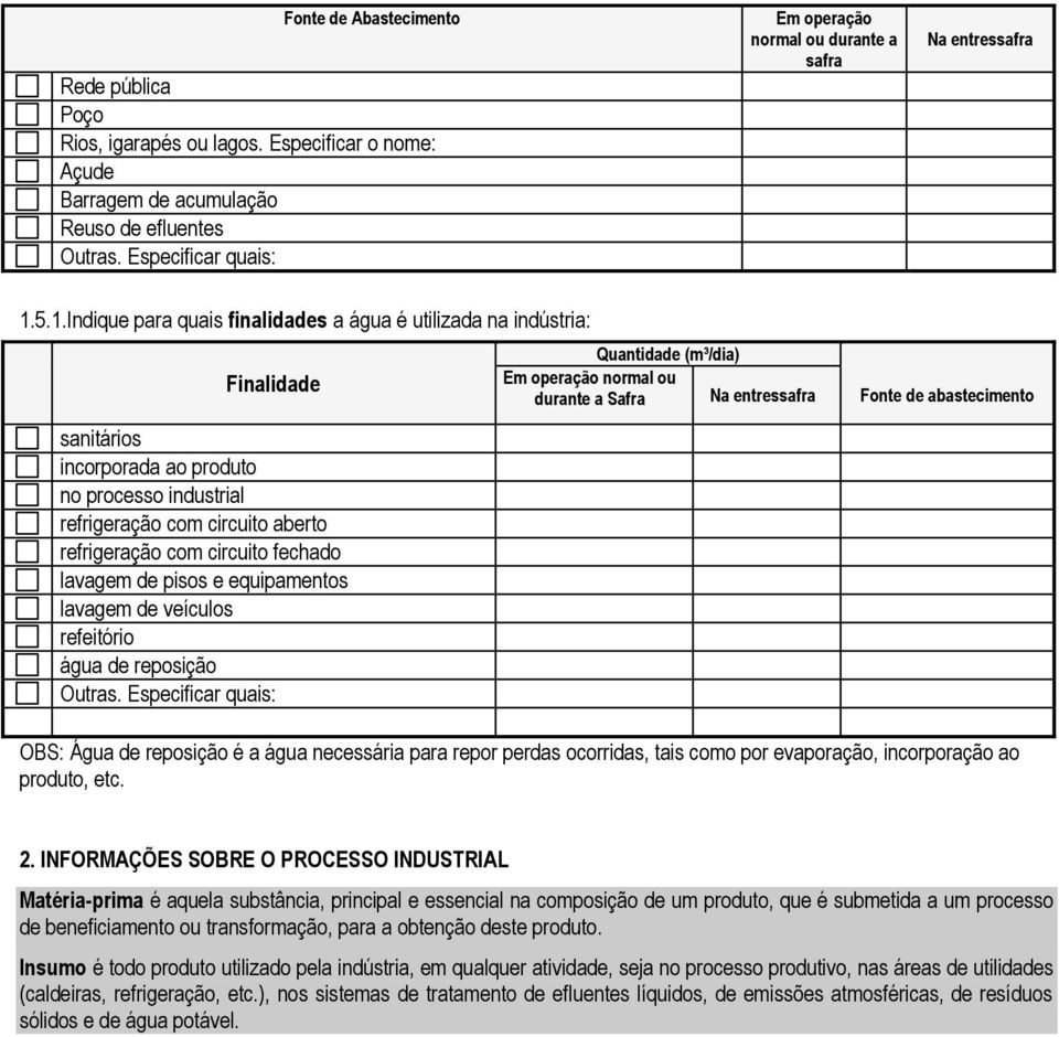 5.1.Indique para quais finalidades a água é utilizada na indústria: Finalidade sanitários incorporada ao produto no processo industrial refrigeração com circuito aberto refrigeração com circuito