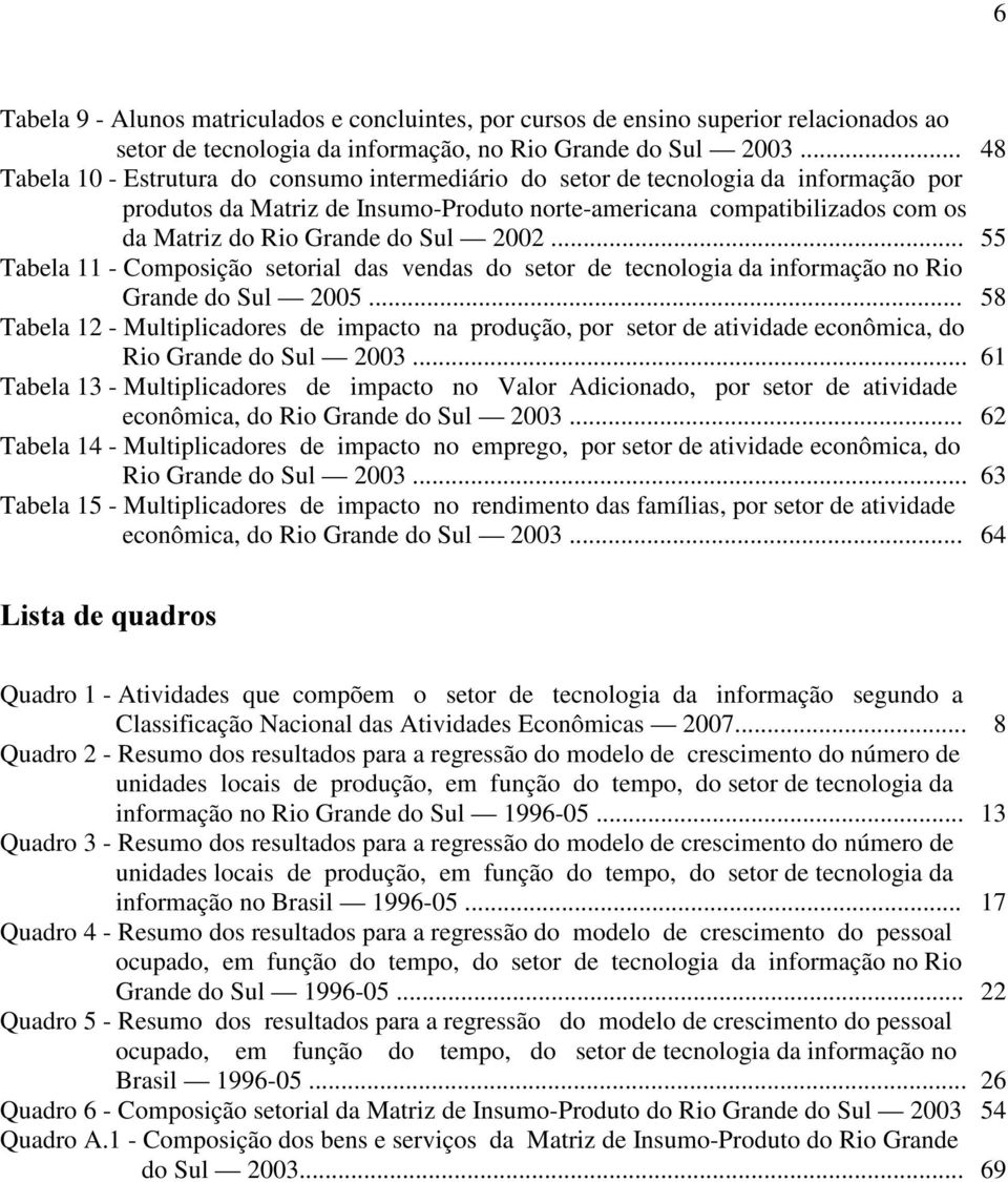 Sul 2002... 55 Tabela 11 - Composição setorial das vendas do setor de tecnologia da informação no Rio Grande do Sul 2005.