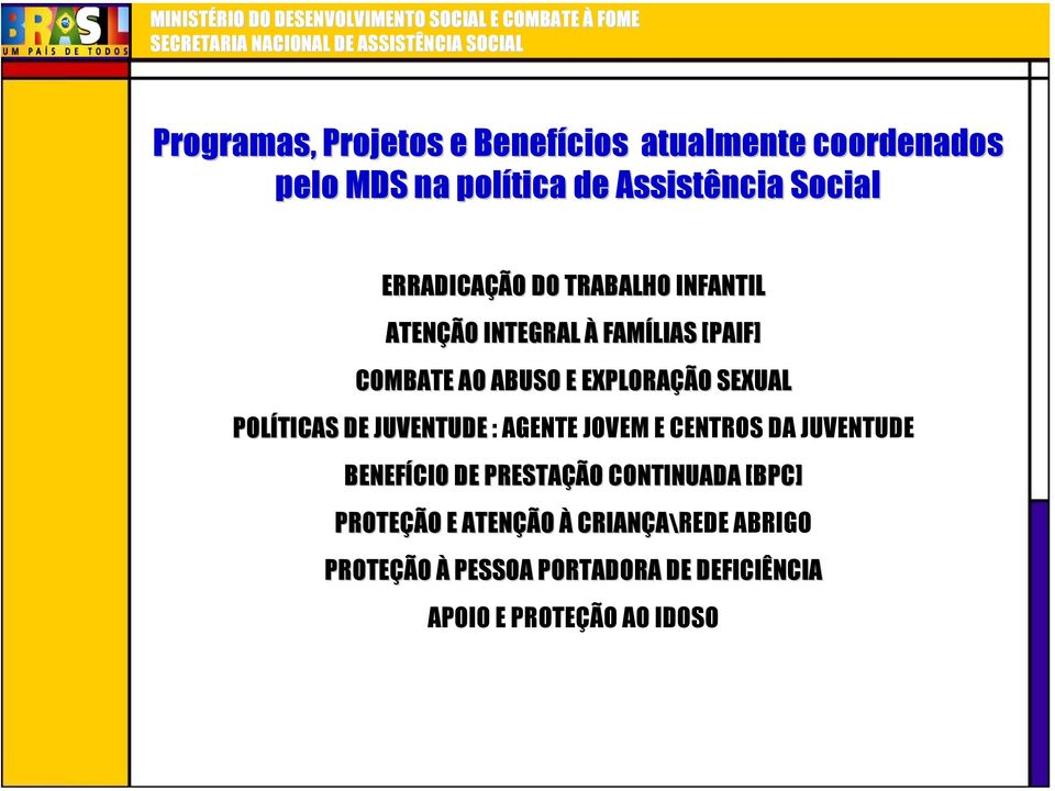 POLÍTICAS DE JUVENTUDE : AGENTE JOVEM E CENTROS DA JUVENTUDE BENEFÍCIO DE PRESTAÇÃ ÇÃO O CONTINUADA [BPC]