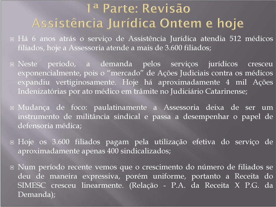 Hoje há aproximadamente 4 mil Ações Indenizatórias por ato médico em trâmite no Judiciário Catarinense; Mudança de foco: paulatinamente a Assessoria deixa de ser um instrumento de militância sindical