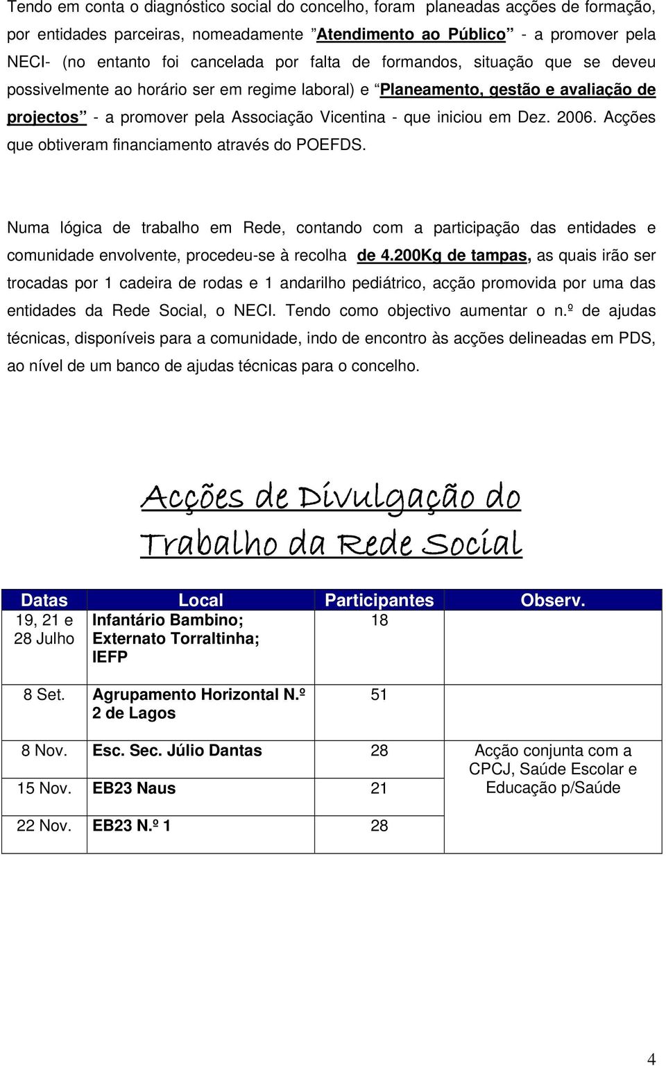 2006. Acções que obtiveram financiamento através do POEFDS. Numa lógica de trabalho em Rede, contando com a participação das entidades e comunidade envolvente, procedeu-se à recolha de 4.