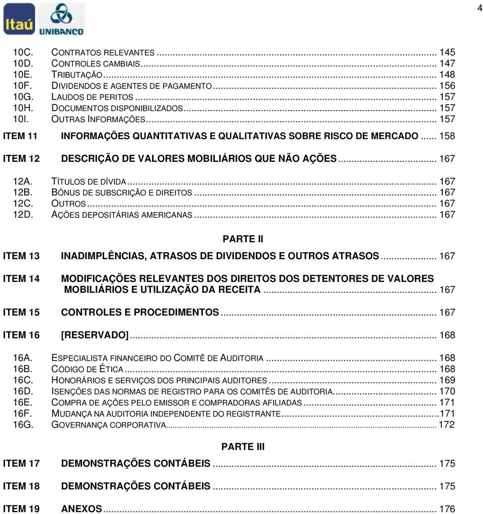 TÍTULOS DE DÍVIDA... 167 12B. BÔNUS DE SUBSCRIÇÃO E DIREITOS... 167 12C. OUTROS... 167 12D. AÇÕES DEPOSITÁRIAS AMERICANAS... 167 PARTE II ITEM 13 INADIMPLÊNCIAS, ATRASOS DE DIVIDENDOS E OUTROS ATRASOS.