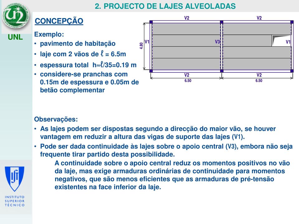 50 Observações: As lajes podem ser dispostas segundo a direcção do maior vão, se houver vantagem em reduzir a altura das vigas de suporte das lajes (V1).