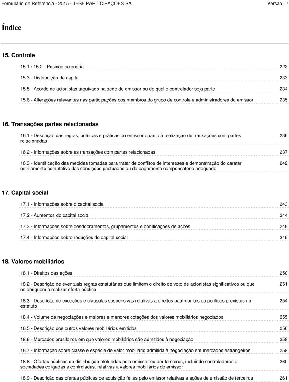 1 - Descrição das regras, políticas e práticas do emissor quanto à realização de transações com partes relacionadas 236 16.2 - Informações sobre as transações com partes relacionadas 237 16.