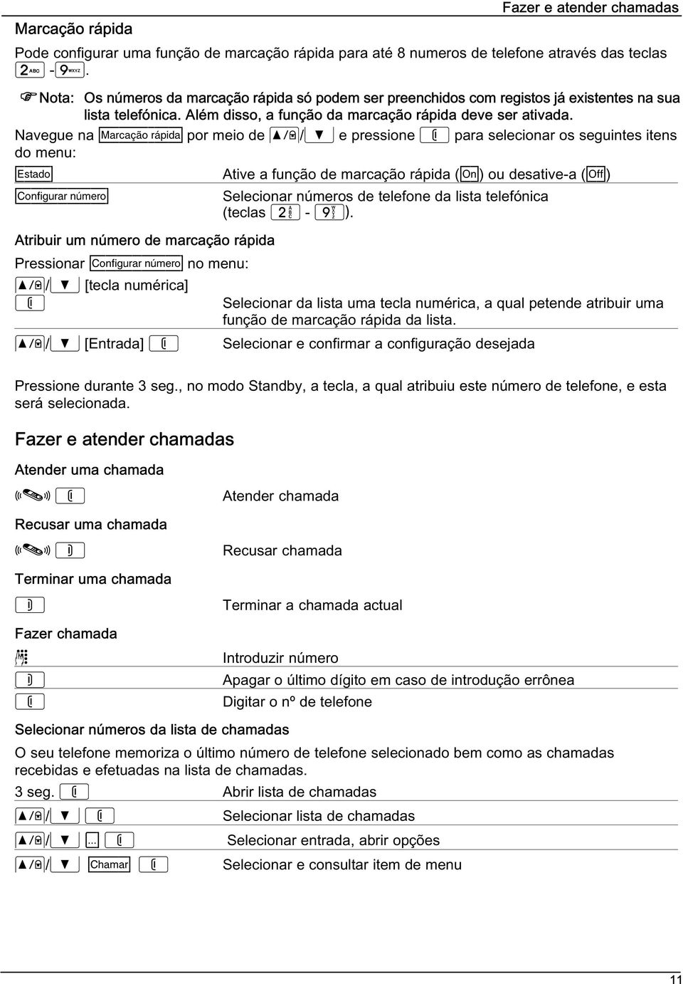 Navegue na Marcaçãorápida por meio de / e pressione para selecionar os seguintes itens do menu: Estado Ative a função de marcação rápida (On) ou desative-a (Off) Configurarnúmero Atribuir um número