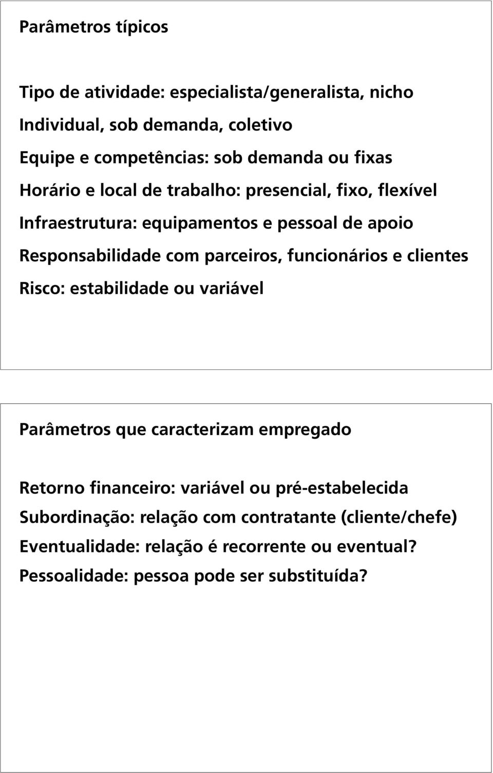 funcionários e clientes Risco: estabilidade ou variável Parâmetros que caracterizam empregado Retorno financeiro: variável ou pré-estabelecida