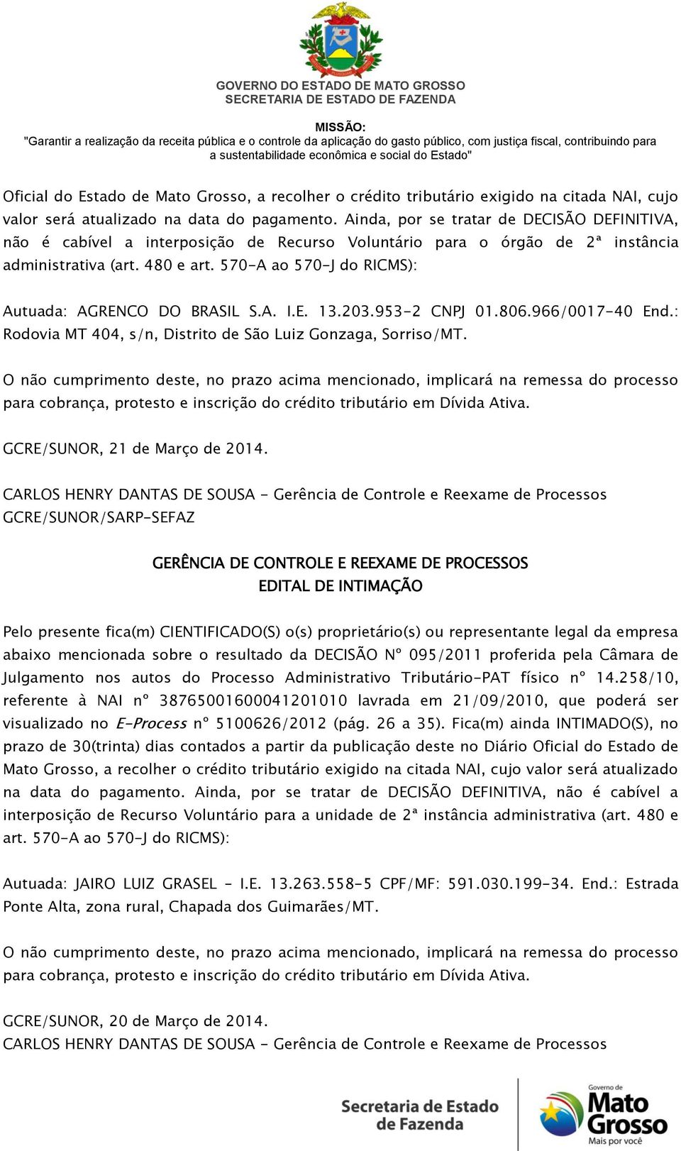 953-2 CNPJ 01.806.966/0017-40 End.: Rodovia MT 404, s/n, Distrito de São Luiz Gonzaga, Sorriso/MT. GCRE/SUNOR, 21 de Março de 2014.