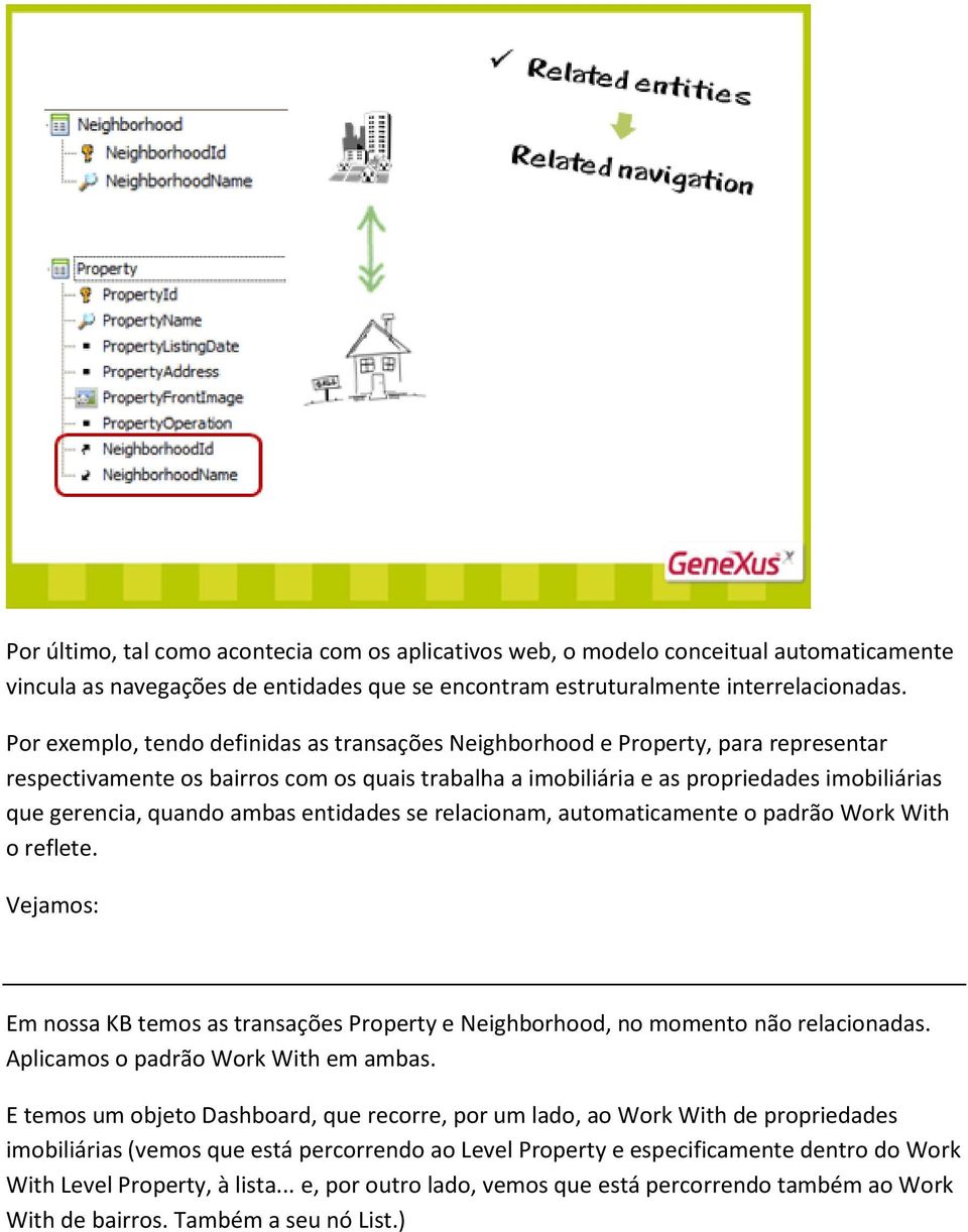 ambas entidades se relacionam, automaticamente o padrão Work With o reflete. Vejamos: Em nossa KB temos as transações Property e Neighborhood, no momento não relacionadas.