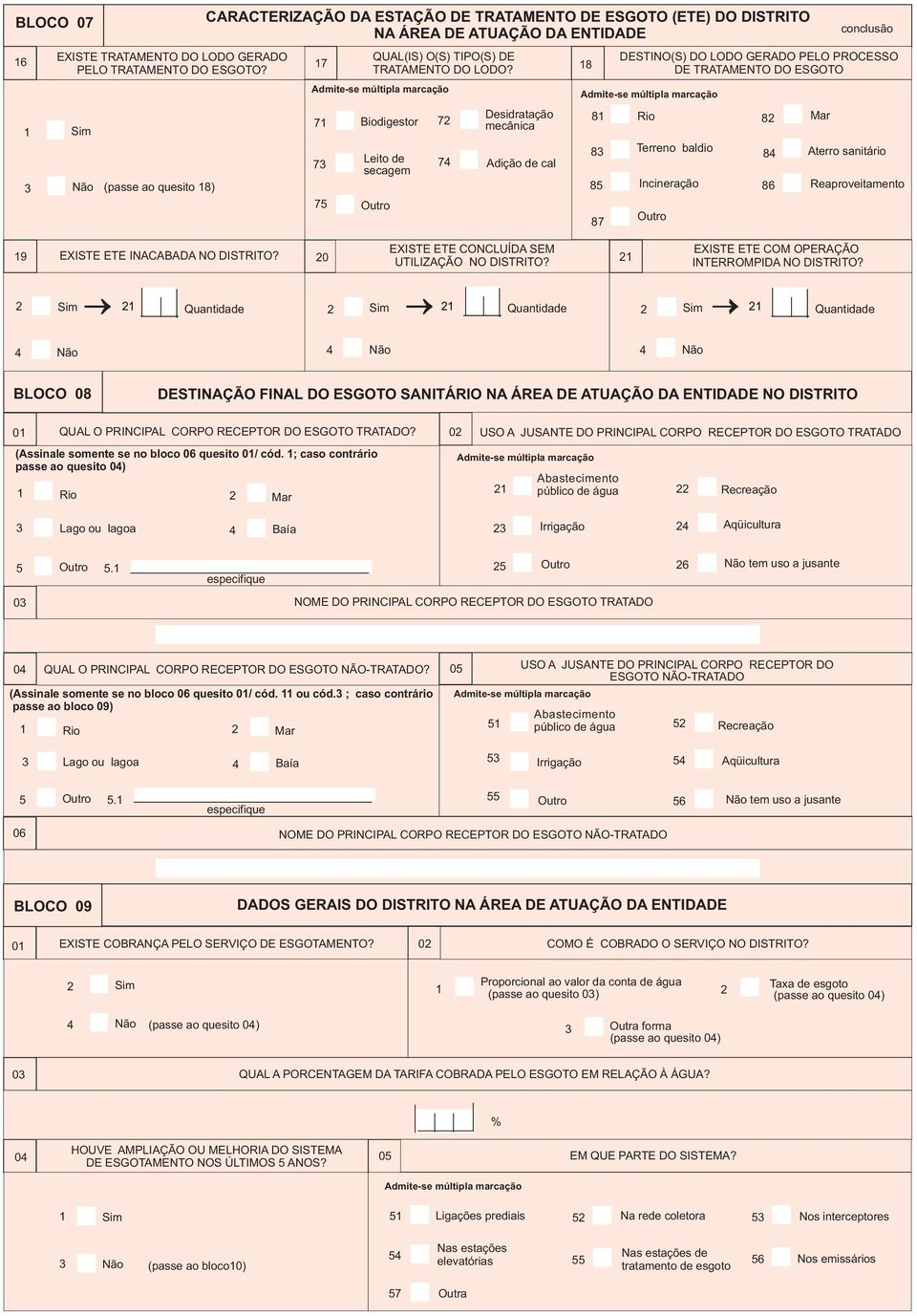 8 (passe ao quesito 8) 7 7 75 Biodigestor Leito de secagem 7 7 Desidratação mecânica Adição de cal conclusão DESTINO(S) DO LODO GERADO PELO PROCESSO DE TRATAMENTO DO ESGOTO 8 8 85 87 Rio Terreno