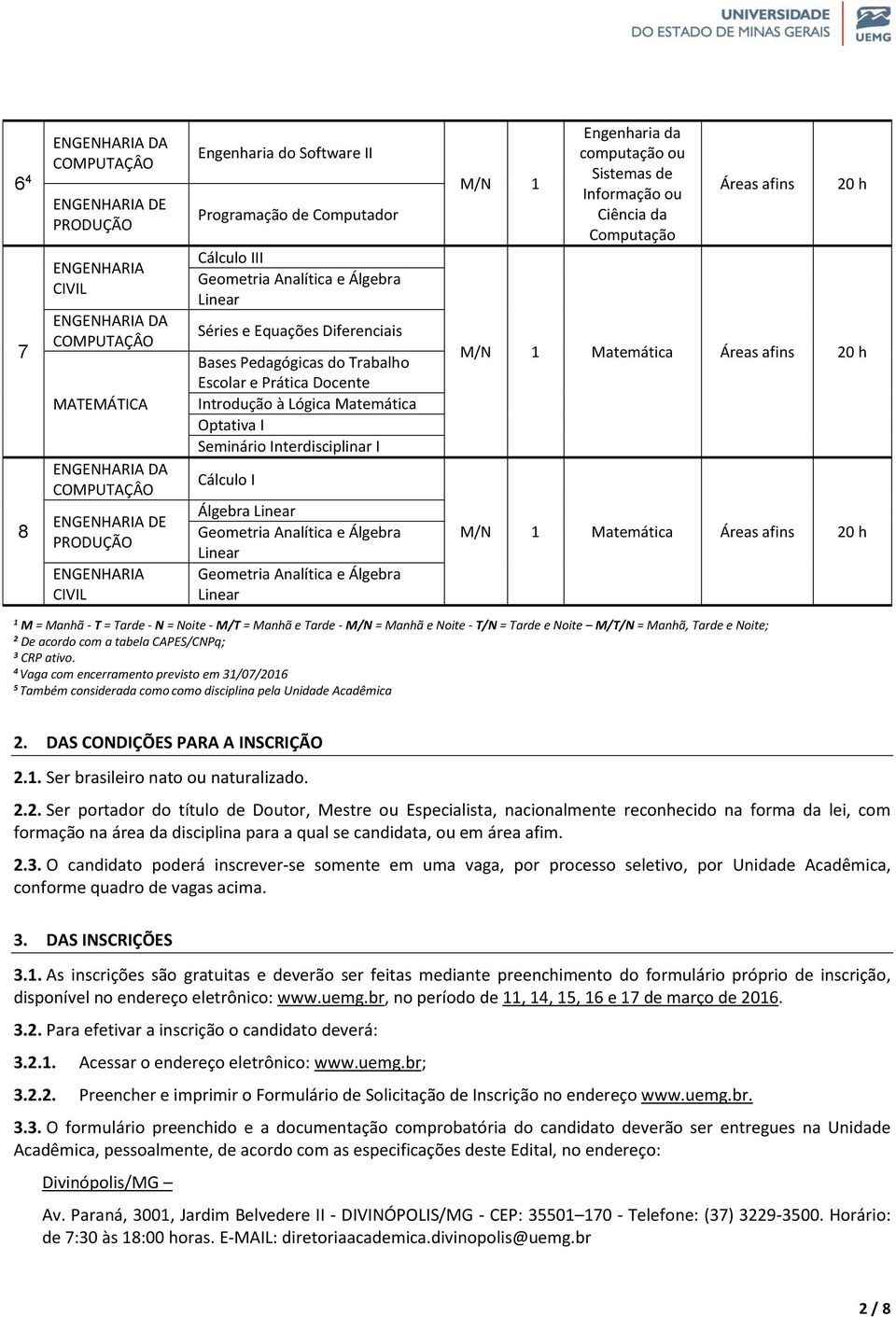 Optativa I Seminário Interdisciplinar I Cálculo I Álgebra Linear Geometria Analítica e Álgebra Linear Geometria Analítica e Álgebra Linear M/N 1 Engenharia da computação ou Sistemas de Informação ou