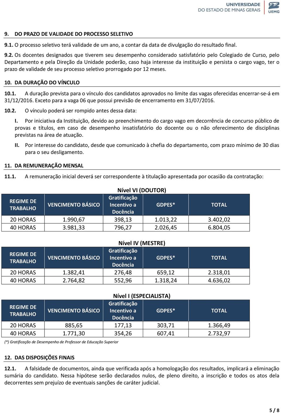 o cargo vago, ter o prazo de validade de seu processo seletivo prorrogado por 12 meses. 10. DA DURAÇÃO DO VÍNCULO 10.1. A duração prevista para o vínculo dos candidatos aprovados no limite das vagas oferecidas encerrar-se-á em 31/12/2016.