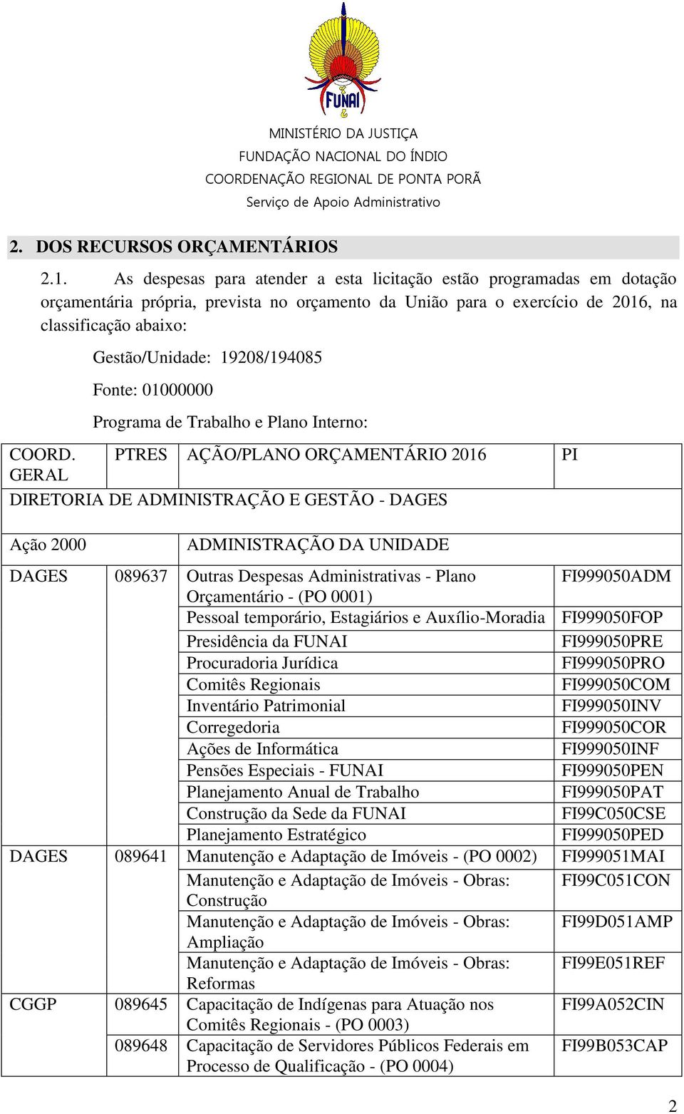 19208/194085 Fonte: 01000000 Programa de Trabalho e Plano Interno: COORD.