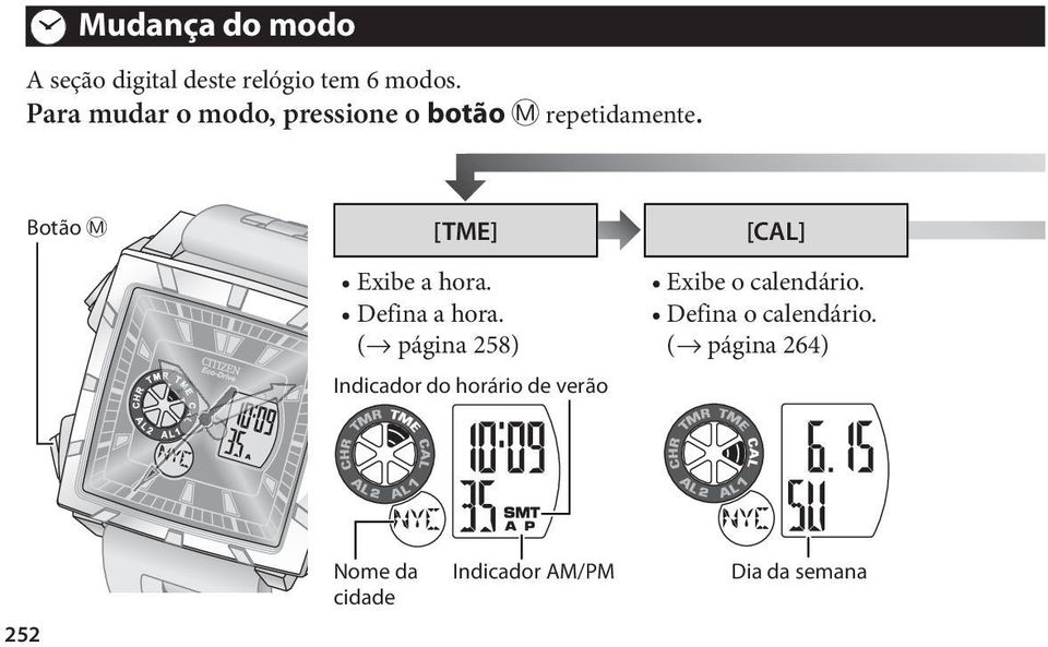 Botão M [TME] Exibe a hora. Defina a hora.