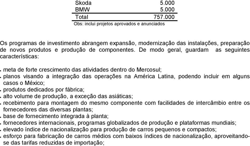 De modo geral, guardam as seguintes características: meta de forte crescimento das atividades dentro do Mercosul; planos visando a integração das operações na América Latina, podendo incluir em