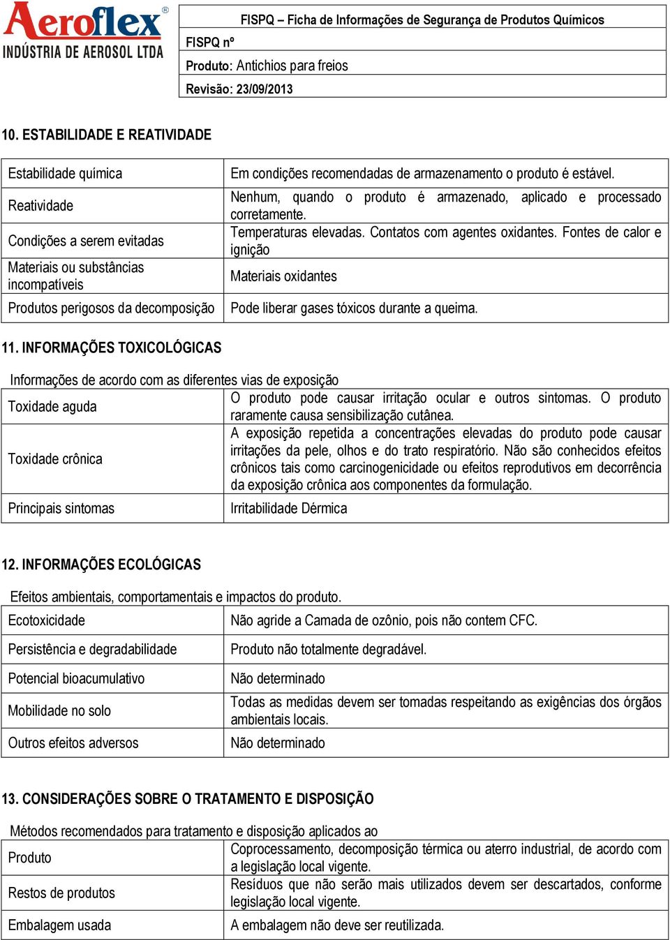 Fontes de calor e ignição Materiais oxidantes Pode liberar gases tóxicos durante a queima. 11.