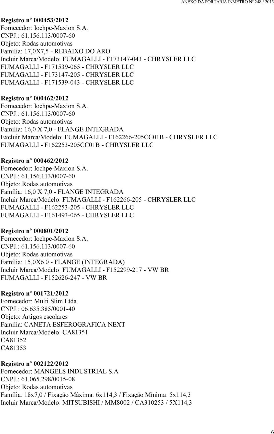 CHRYSLER LLC FUMAGALLI - F171539-043 - CHRYSLER LLC Registro nº 000462/2012 Fornecedor: Iochpe-Maxion S.A. CNPJ.: 61.156.