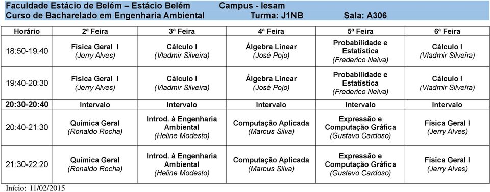 Silveira) Cálculo I (Vladmir Silveira) 20:3020:40 Intervalo Intervalo Intervalo Intervalo Intervalo 20:4021:30 Química Geral Introd.