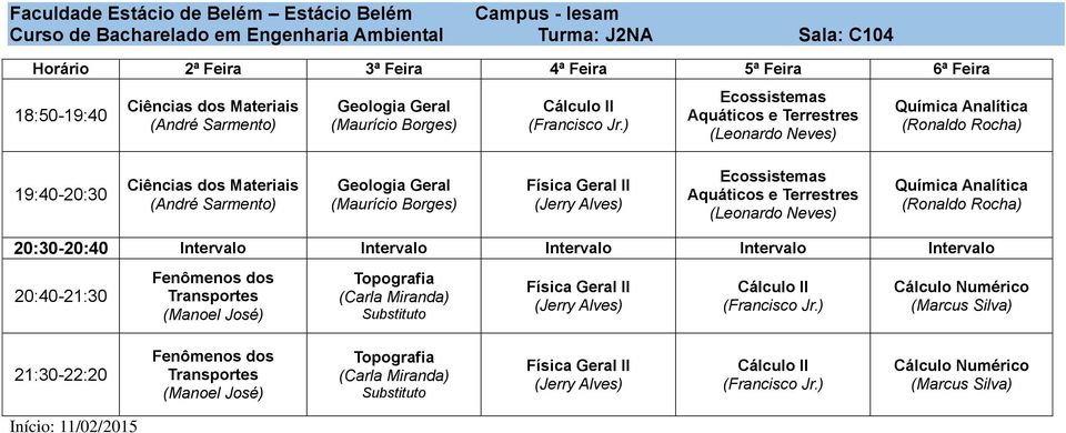 Química Analítica 20:3020:40 Intervalo Intervalo Intervalo Intervalo Intervalo 20:4021:30 Fenômenos dos Transportes (Manoel